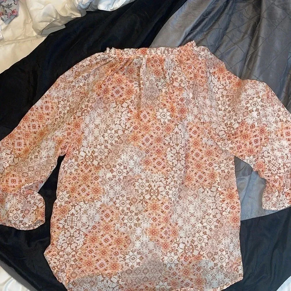 Forever 21 Orange Rust Brown Artsy 3/4 Sleeve Ruffle Drawstring Blouse - Size M - Picture 4 of 6